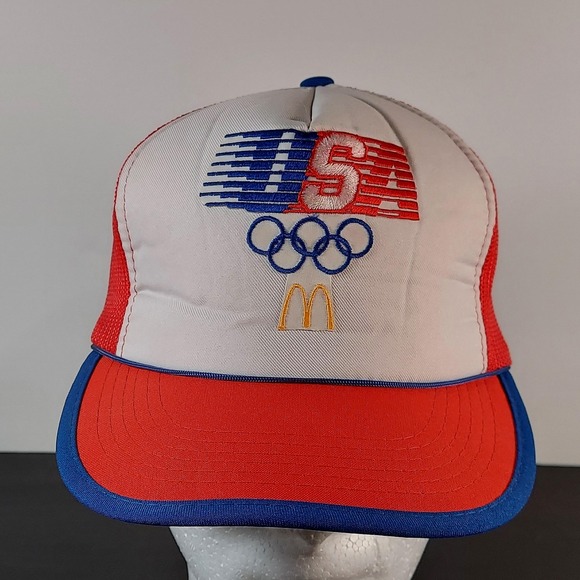Vintage United States‎ Olympic Team Hat Cap Snap Back One Size Trucker Red 80s